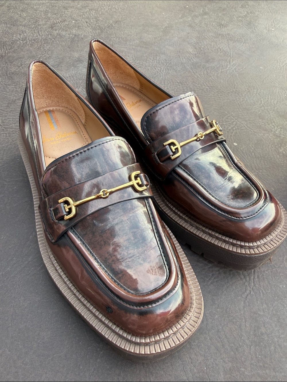 Sam Edelman Women's Brown Patent Leather Loafers Leah with Gold Bit 6 1/2 NWOB